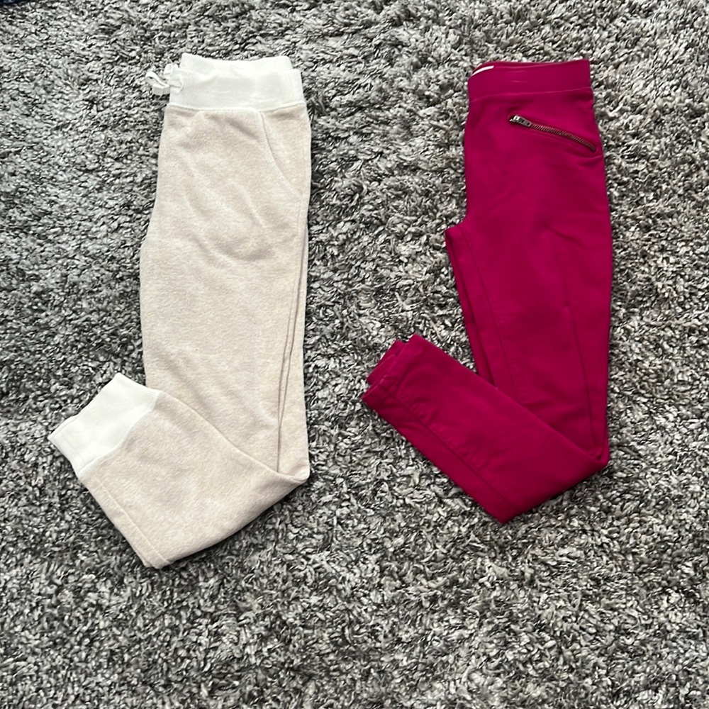 Cream sweatpants and maroon jeans w/zipper pockets